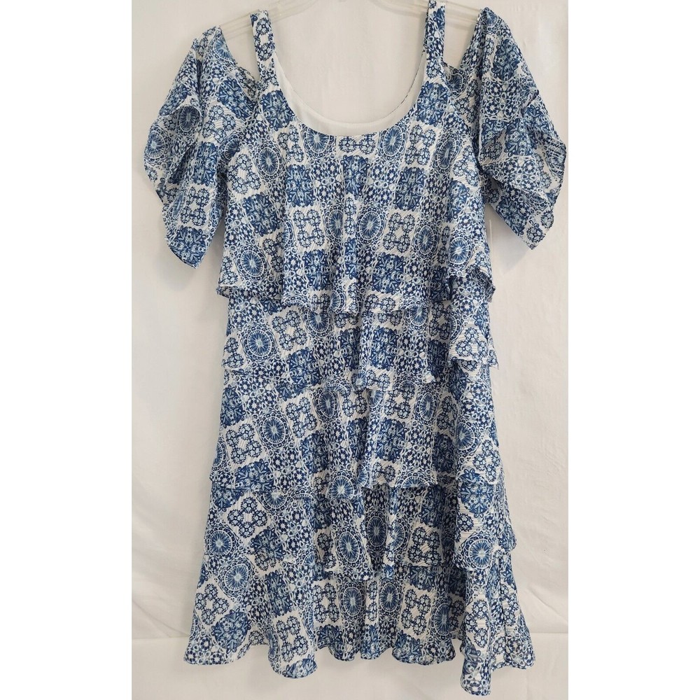 Signature by Robbie Bee Tiered White Blue Cold Shoulder Sheath Dress Women's 8